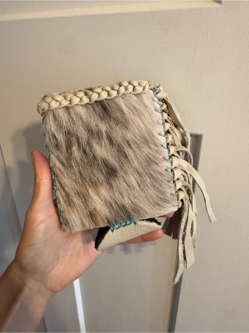 Cream and Gray Fur cowhide leather koozie